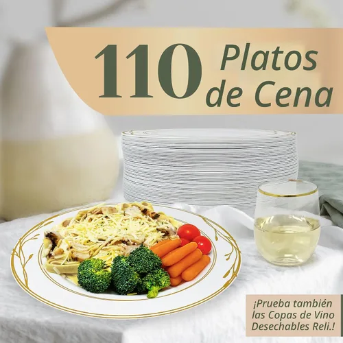 Vista 2 de Reli. Platos de plástico desechables, borde blanco y dorado