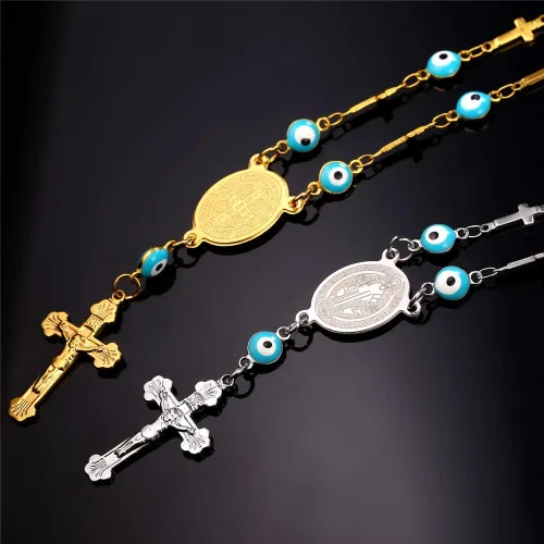 Vista 7 de U7 Christian Bracelets Stainless Steel 18K Gold Plated Cross Bracelet, Saint Bendict Bracelet, Rosary Bracelets for Men Women