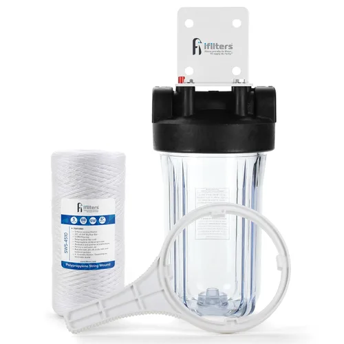Vista 3 de Well Water - Sistema de filtración completo de sedimentos y óxido para toda la casa con filtro lavable plisado, carcasa transparente con puertos