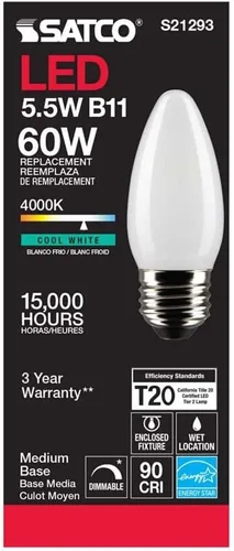 Vista 5 de Satco 6Pk 5.5w B11 LED 4000K base media esmerilada regulable - 60w equiv