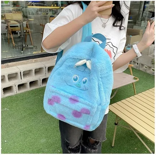 Vista 3 de Mochila Kawaii Fuzzy Daypack, lindo diseño de animales esponjosos Y2K, elegante, de dibujos animados, bolsa de hombro diaria, Azul, Mochilas Daypack