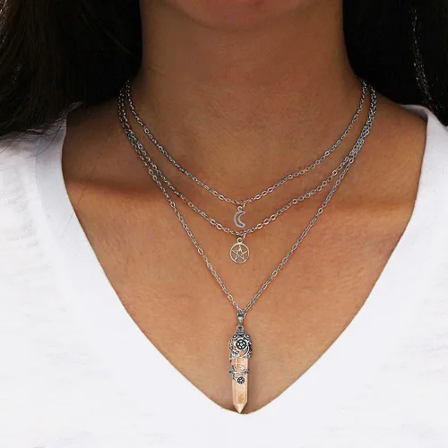 Vista 2 de MJartoria Collar de pentagrama de luna, collar de chakra de cristal, colgante, con dije, cadena de aleación multicapa, conjunto de gargantilla