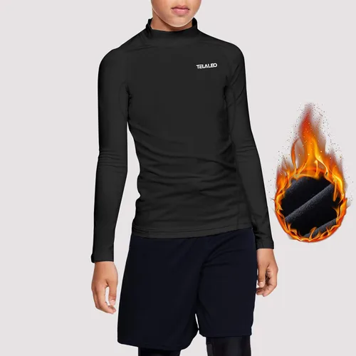 Vista 2 de TELALEO Camiseta de compresión térmica para niños y niñas, manga larga, forro polar, capa base, camiseta deportiva de fútbol