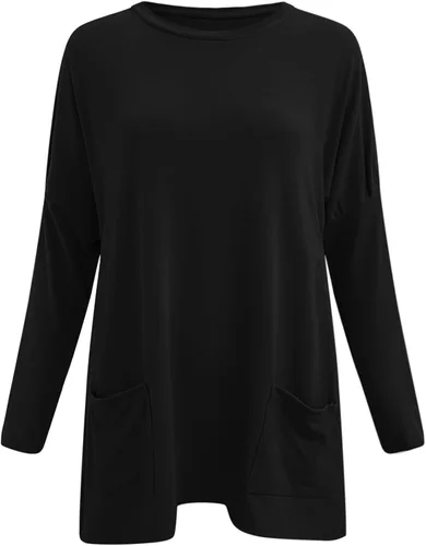 Vista 4 de Plus Size Pullover for Women Round Neck Long Sleeve Long T Shirt Top Pocket Puff Sleeve Print Top