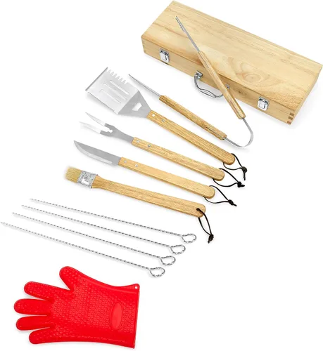Vista 3 de Makerflo Juego de accesorios para parrilla de barbacoa, caja de herramientas de madera de arce, utensilios de acero inoxidable con guantes, kit