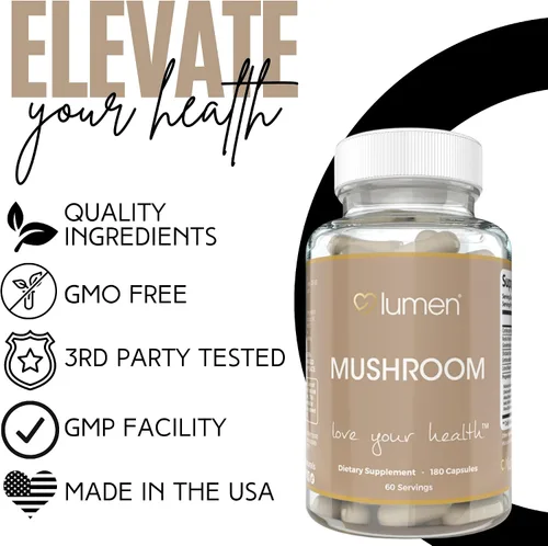 Vista 5 de Lumen Naturals Complejo de hongos para mujeres, con melena de león de 2000 mg por porción, 180 cápsulas vegetarianas, 60 porciones, fórmula sin OMG