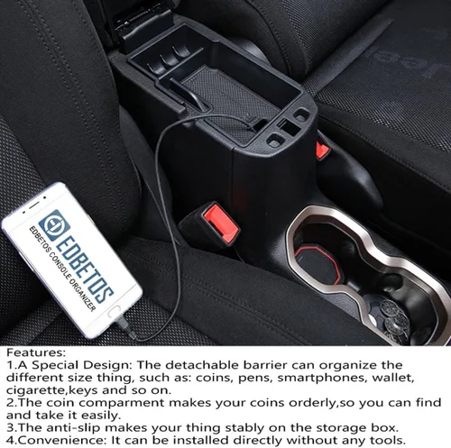 Vista 4 de EDBETOS Organizador de bandeja de consola central compatible con accesorios Jeep Renegade 2015-2019 2020 2021 2022 2023, caja de guantes de Negro