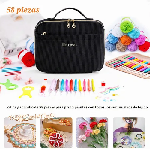 Vista 4 de MYBAGZING - Kit de ganchillo para principiantes, kit de iniciación de hilo Negro