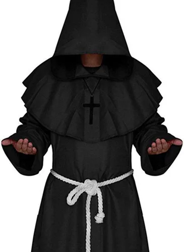 Vista 2 de LHJ - Disfraz de monje renacentista con capucha, fraile, disfraz medieval para hacer cosplay Negro