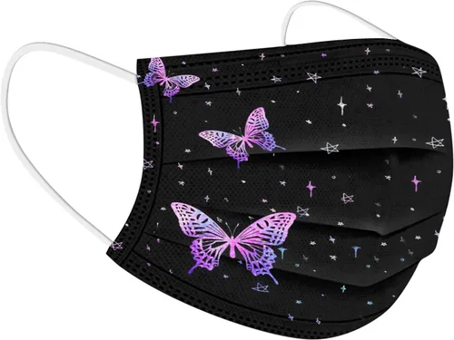 Vista 4 de Paquete de 50 mascarillas de mariposa para adultos, desechables, para mujeres, para el cuidado de la piel, gruesas, 3 capas, transpirable, filtro