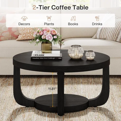 Vista 4 de Tribesigns - Mesa de café redonda, mesa de café circular de 2 niveles con almacenamiento, mesa auxiliar moderna de acento de madera para sala