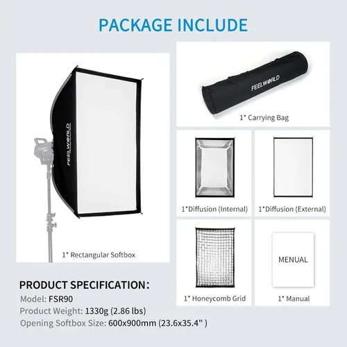 Vista 9 de FEELWORLD FSR90 - Caja de luz rectangular de 23.6 x 35.4 in para FEELWORLD FL125D FL125B FL225D FL225B y otros Bowens Mount Video Studio Light