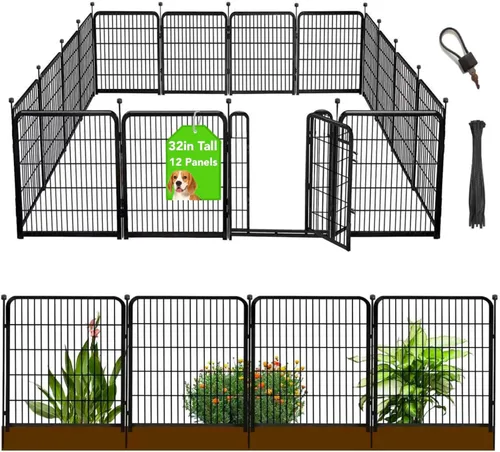 Vista 17 de Vallas Decorativas de Jardín de 24 pulgadas (H) con Puerta, 8 Paneles Total 15.7 pies (L) Valla de Barrera de Hierro Resistente para Animales