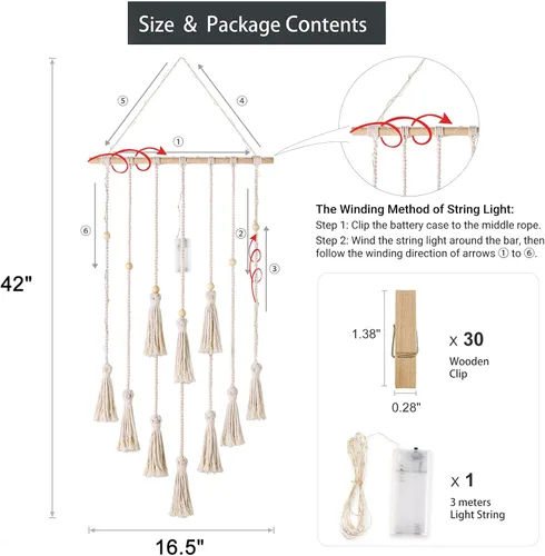Vista 6 de Mkono Expositor de fotos colgante de macramé bohemio para decoración de pared con luz, regalos para adolescentes, soporte para tarjetas de fotos