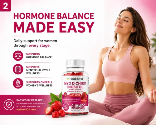 Vista 3 de healblend Myo & D-Chiro - Gomitas de inositol – Apoyo de SOP para mujeres, equilibrio hormonal, fertilidad y ovulación – con metilfolato, vitamina