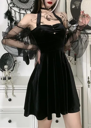 Vista 7 de TSMNZMU Womens Gothic Fairy Dresses Velvet Off Shoulder Emo Halter Vintage Dress Harajuku Lace Long Sleeve Lolita Dress
