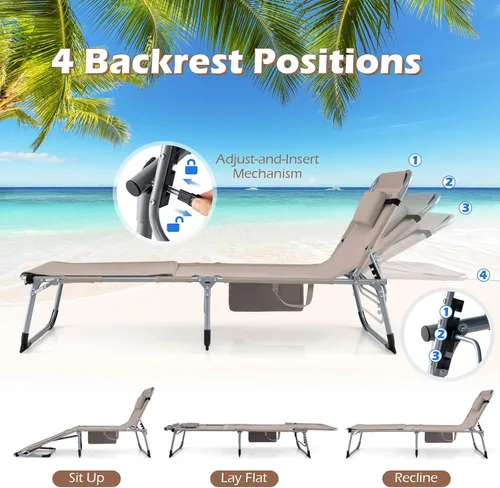 Vista 3 de Goplus Silla de bronceado con agujeros para brazos faciales, silla portátil para tomar el sol con respaldo de 4 niveles y almohada para la cabeza