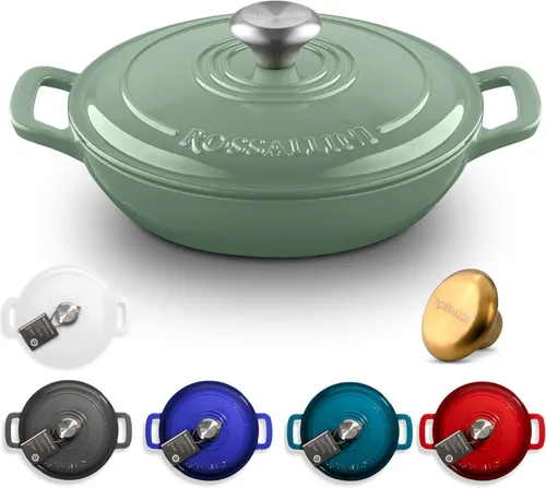 Vista 14 de ROSSALLINI Brasera de Hierro Fundido Esmaltada Signature, Olla de Servir Antiadherente con Tapa de Cierre Hermético para Asado Perfecto, Horneado