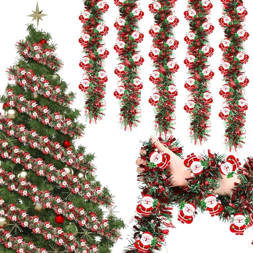 Vista 9 de XunYee Guirnalda de Oropel de Copos de Nieve para Árbol de Navidad de 98 pies, Decoraciones de Guirnalda Metálica Trenzada Roja Verde, Adorno