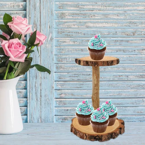 Vista 5 de HOMSFOU - Soporte de madera para cupcakes de 2 niveles, estante de exhibición de postres rústico multicapa, soporte redondo para mesa de boda