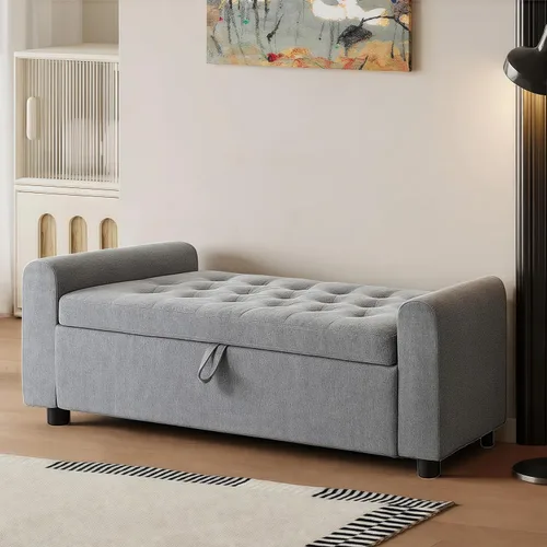 Vista 19 de 48" Ottoman with Storage, Tufted Storage Ottoman Bench, Convenient Living Room Fabrics Bench Seat, Entryway Shoe Benches with Inner Zipper & Arm