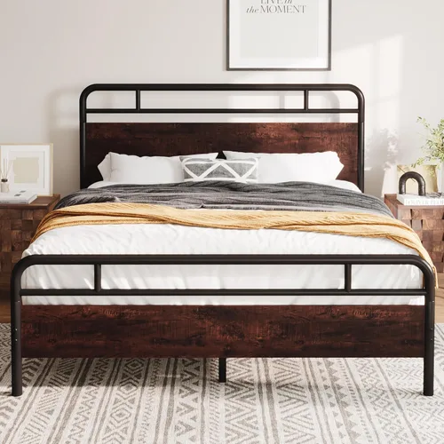 Vista 13 de Allewie Base de cama de plataforma de tamaño completo con cabecera y pie de cama de madera, soporte de 13 listones de metal resistente