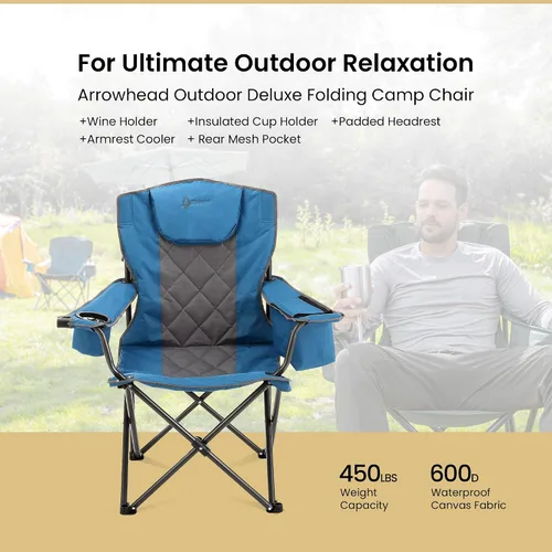 Vista 3 de ARROWHEAD OUTDOOR Paquete de 2 sillas plegables portátiles para acampar con enfriador de 6 latas, portavasos y soportes para copas de vino, bolsa