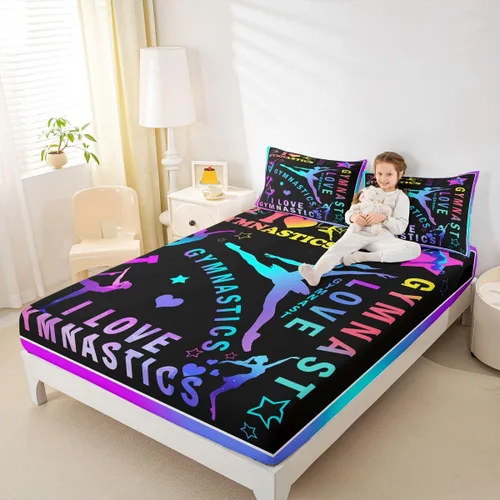 Vista 10 de Sábana bajera ajustable de ballet para niñas, juego de ropa de cama de ballet para danza de ballet, sábanas de cama con rayas geométricas onduladas