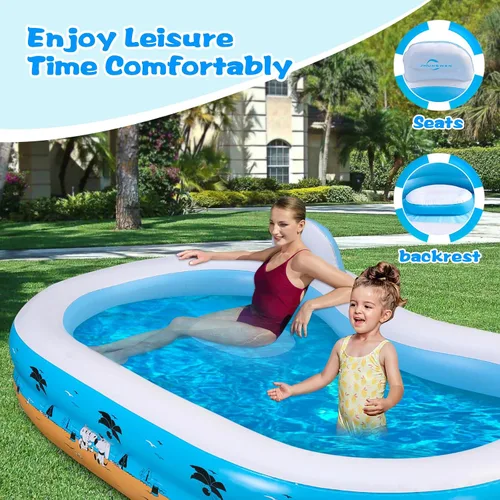 Vista 2 de Piscina inflable grande con asiento, piscina inflable para adultos, 100 x 61 x 17 pulgadas, piscina para niños con respaldo para patio trasero