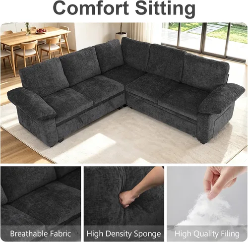 Vista 8 de Sofá cama modular modular con cama extraíble, sofá modular de 5 asientos en forma de L con almacenamiento, sofá nube, sofás seccionales convertibles