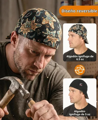 Vista 3 de BOCOMAL Gorro de Soldadura Resistente al Fuego CAT2 de Peso Medio con Estampado, Gorras de Soldador de 6 Paneles - Juego de 2