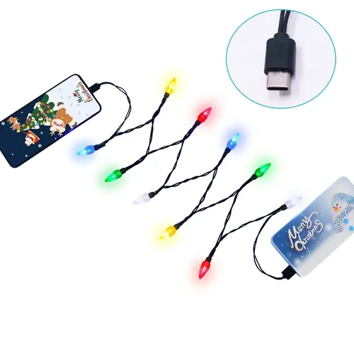 Vista 8 de Cable de carga para teléfono con luz navideña, cable de carga de bombillas de luces navideñas para automóvil, USB-A a tipo C de 55"/10 LED
