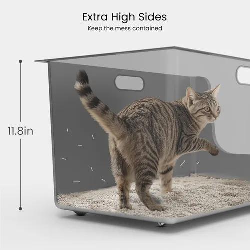 Vista 7 de Caja de arena de acero inoxidable con lados altos de 11.8 pulgadas, caja de arena de metal XL para gatos con entrada baja curva, bandeja de arena