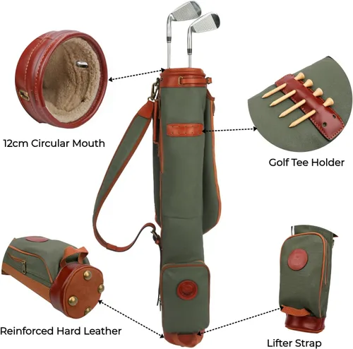 Vista 4 de Tourbon Bolsas de transporte vintage para palos de golf - Lona y cuero Golf Bag for Walking Par 3 Courses, Traveling, with Padded Lining
