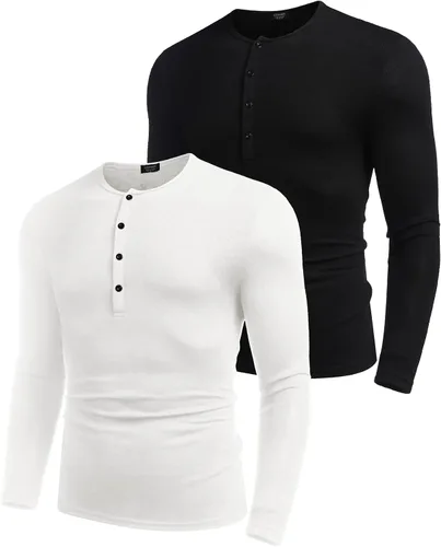 Vista 4 de COOFANDY Paquete de 2 camisetas básicas de algodón para hombre, de manga larga, ligeras, casuales, de algodón