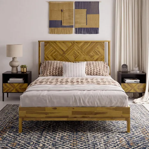 Vista 18 de Bme Ethan - Base de cama Queen con cabecera de diamante, moderna de mediados de siglo, madera de acacia maciza, no necesita somier, se adapta a