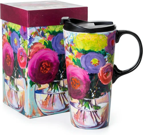 Vista 12 de Taza de cerámica Topadorn de porcelana para café con leche y té con caja de regalo, 17oz. Taza de viaje con tapa, estilo de navegación vintage