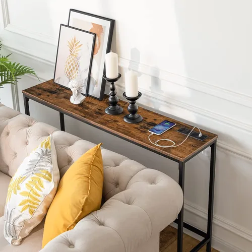 Vista 2 de HOOBRO Mesa consola de 47.2 pulgadas con tomas de corriente y puertos USB, mesa de entrada estrecha para sofá con estación de carga, detrás
