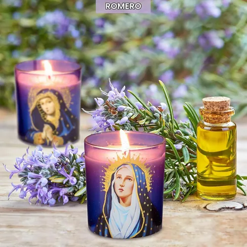 Vista 4 de Juego de 3 velas de soja aromáticas de romero con aroma a romero, velas devocionales de vigilia de larga duración para iglesia católica, hogar