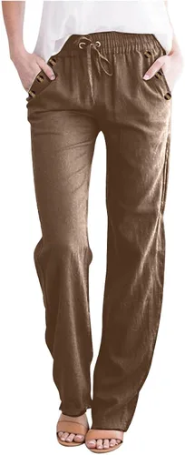 Vista 19 de Casual Pants for Women Summer Solid Color Drawstring Elastic Waist Pants Baggy Straight Leg Long Trouser with Pocket