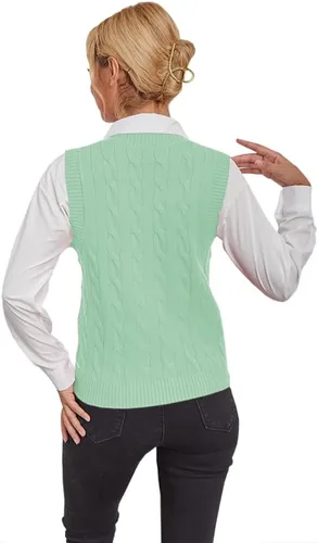 Vista 4 de Fisoew Chaleco de punto vintage sin mangas con cuello en V para mujer, estilo preppy casual