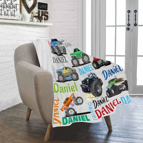 Vista 3 de Manta personalizada de camión para niños, manta personalizada para automóvil con nombre, manta suave de dibujos animados para regalo de Navidad