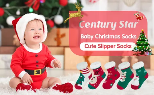 Vista 4 de Century Star Calcetines de Navidad con agarres de algodón para niños pequeños, calcetines de invierno antideslizantes