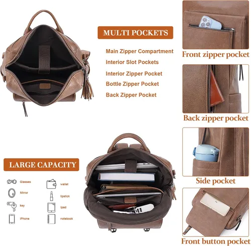 Vista 4 de Mochila para mujer, mochila de cuero de gran capacidad, bolso de viaje de diseñador para mujer, bolso de hombro con muñequeras