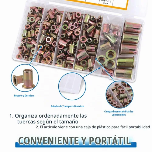 Vista 2 de Kit de herramientas de tuerca de remache, 400 piezas SAE y kit surtido de tuercas remachadoras métricas, insertos de cabeza plana de acero al