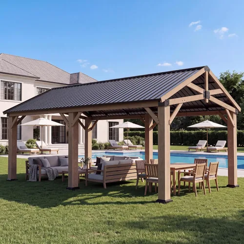 Vista 14 de Aoxun Gazebo de madera de cedro de 10' x 10' con techo de acero galvanizado