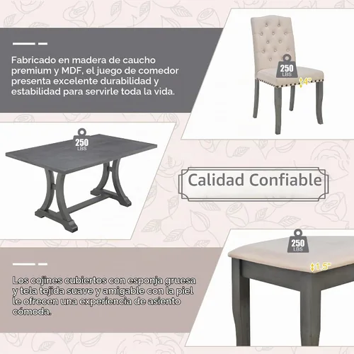 Vista 5 de Merax Juego de mesa de comedor de cocina de 6 piezas, juego de mesa de comedor de granja con mesa rectangular y 4 sillas tapizadas y banco, juego