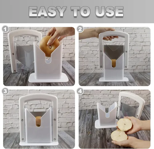 Vista 5 de Cortador de bagel, perfecto para bagels, agarre seguro, cortador de guillotina, escudo de seguridad, acero inoxidable (blanco)