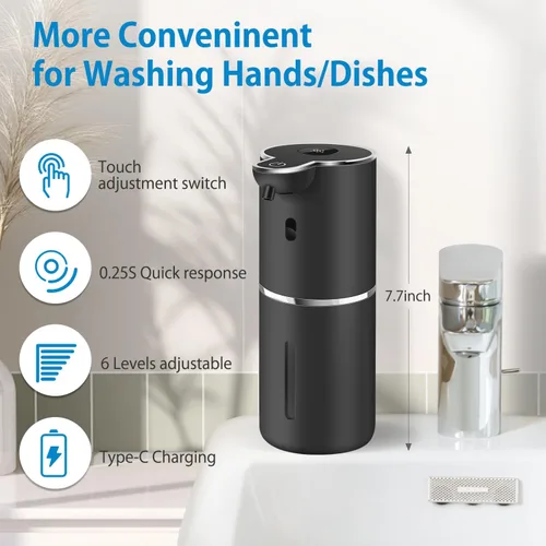 Vista 2 de Dispensador automático de jabón líquido de 12.8 onzas, recargable y 6 niveles de jabón ajustable con pantalla digital, montaje en pared