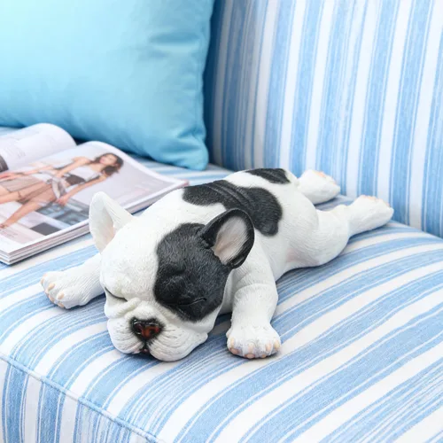 Vista 2 de Figura de bulldog francés durmiendo, estatua creativa de bulldog de resina, linda escultura de bulldog para decoración del hogar y la oficina